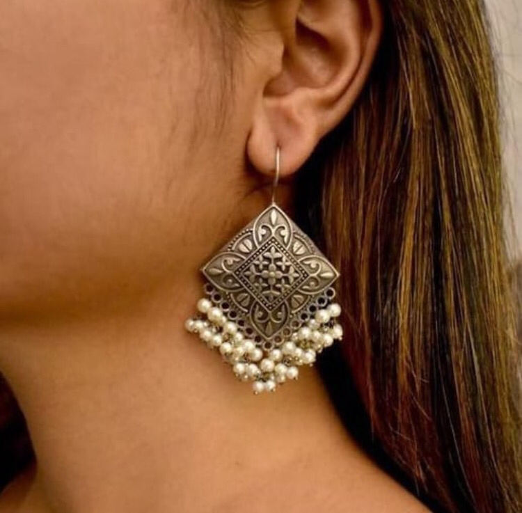 Silver Look-alike Geometric Hook Earrings