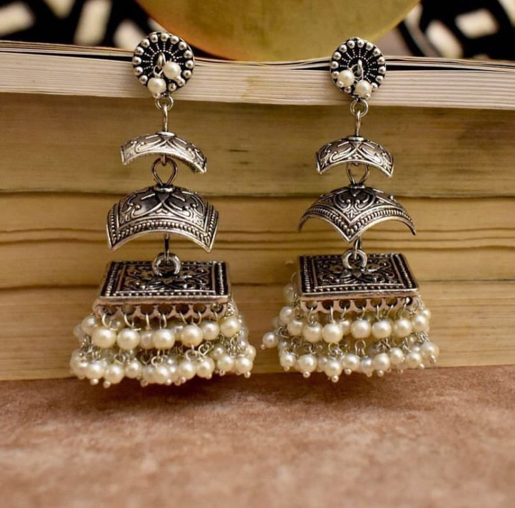 Silver Look-alike Layered Pearl Jhumkas