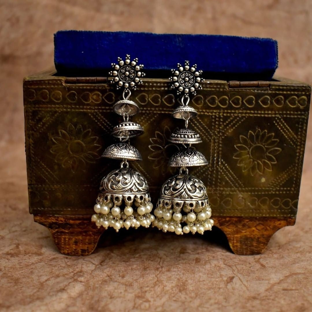 Silver Look-alike Layered Jhumkas