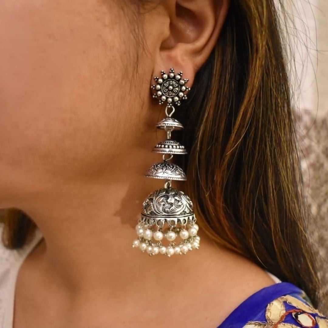 Silver Look-alike Layered Jhumkas