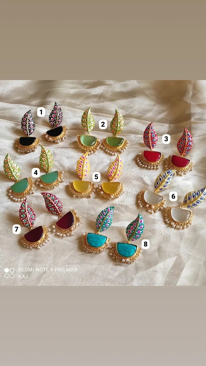 Meenakari Leaf and Stone Earrings