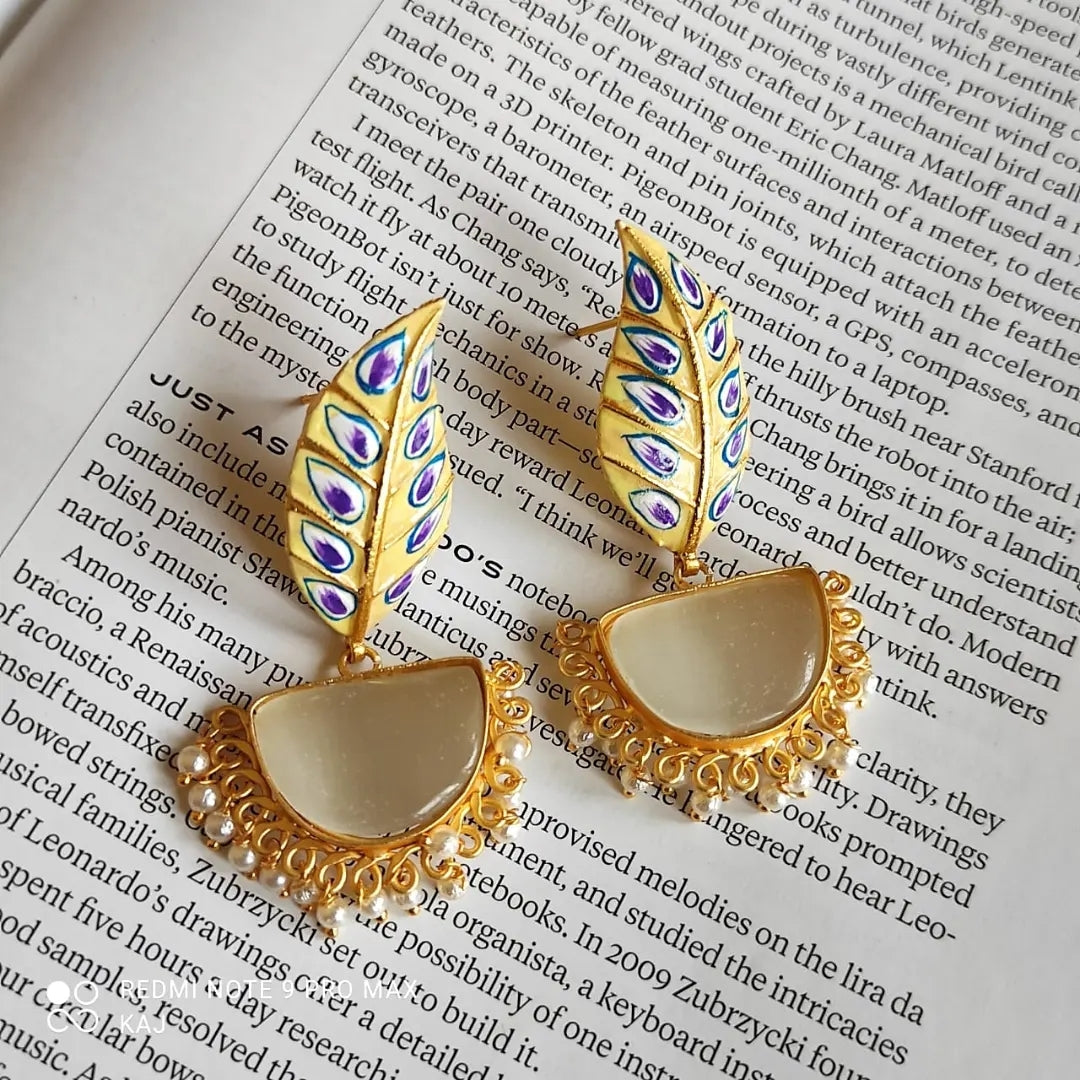Meenakari Leaf and Stone Earrings