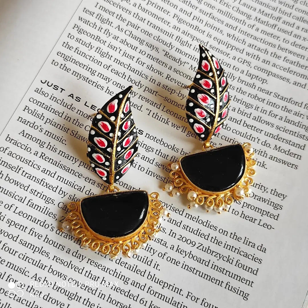 Meenakari Leaf and Stone Earrings