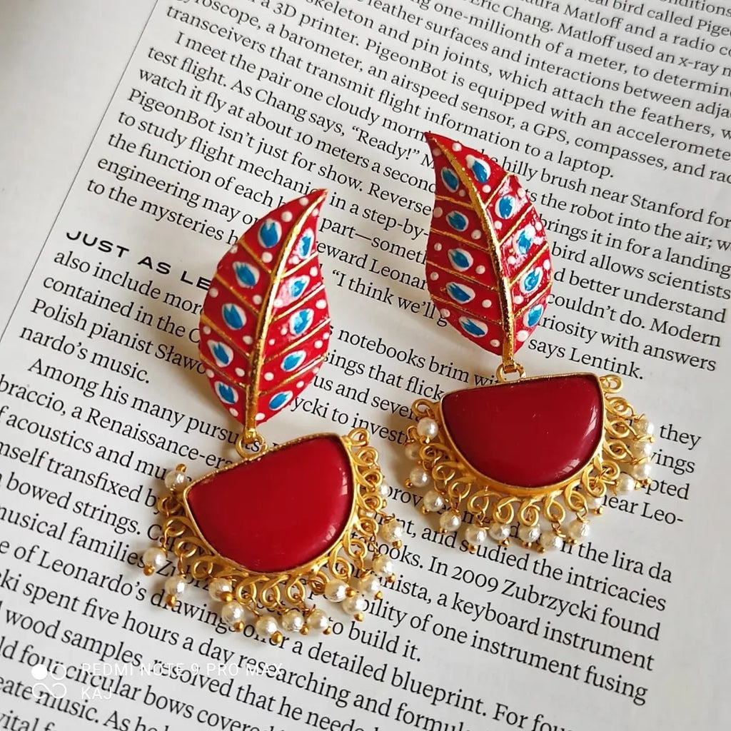 Meenakari Leaf and Stone Earrings