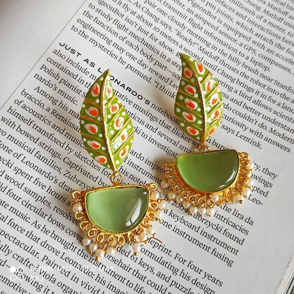 Meenakari Leaf and Stone Earrings