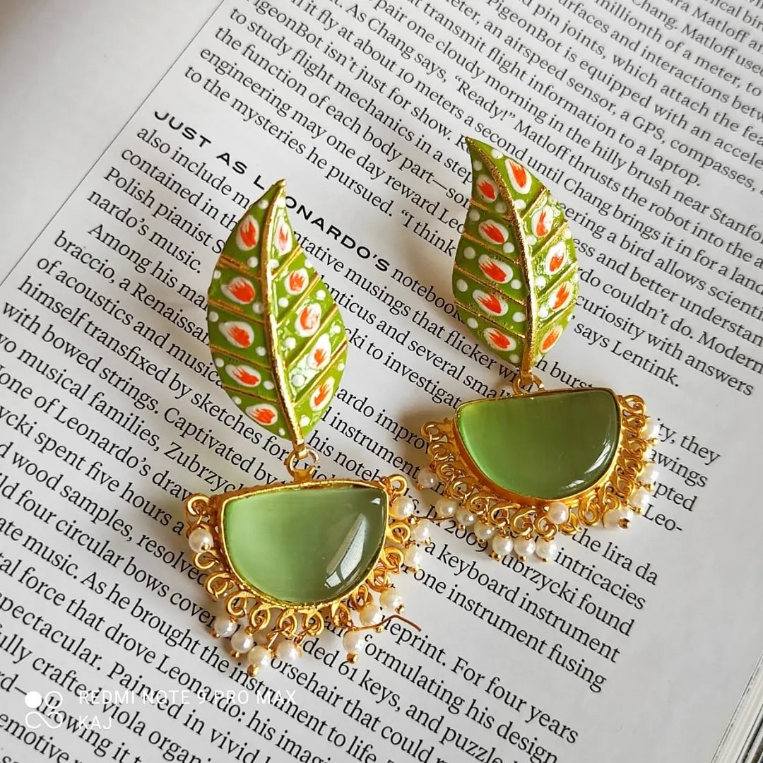 Meenakari Leaf and Stone Earrings