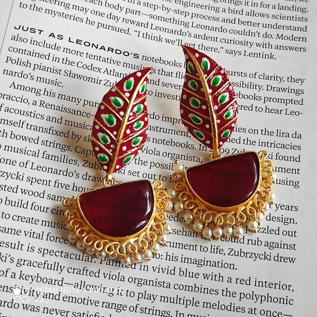 Meenakari Leaf and Stone Earrings