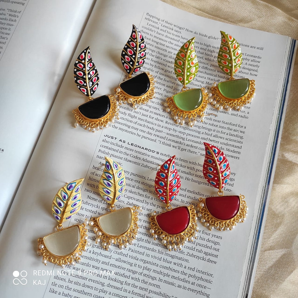 Meenakari Leaf and Stone Earrings