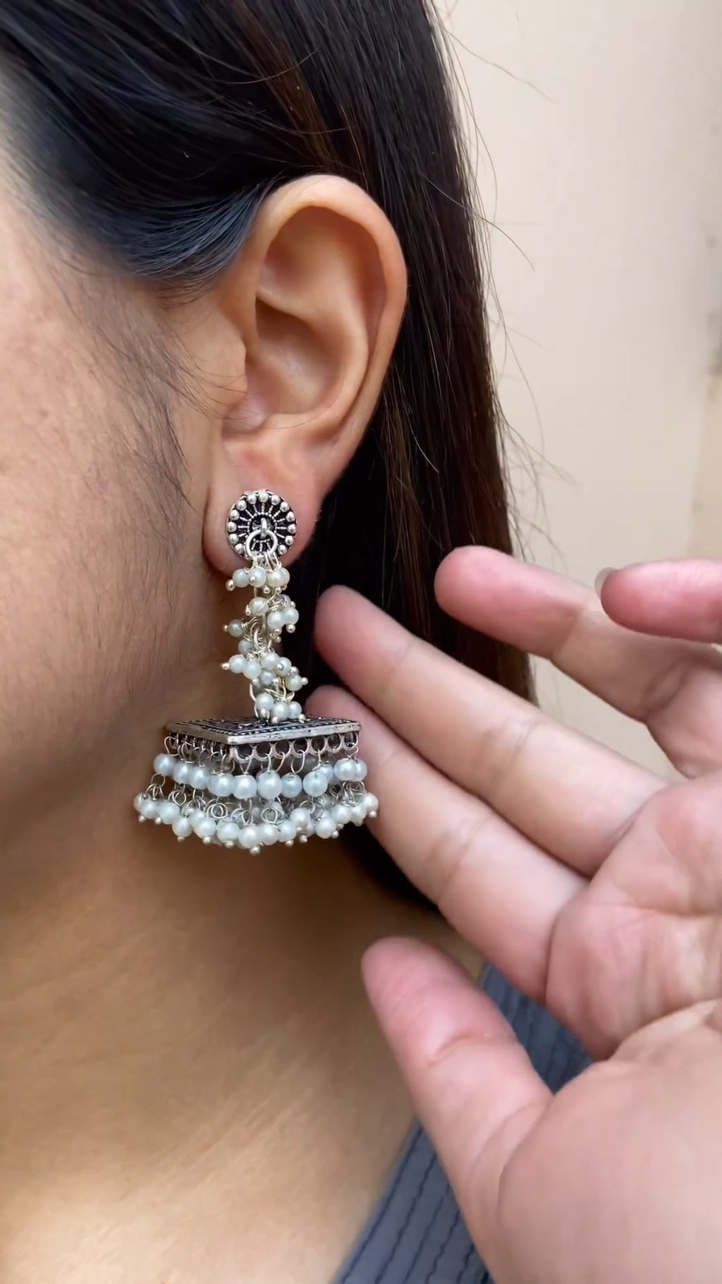 Silver Look-alike Pearl Square Jhumkas