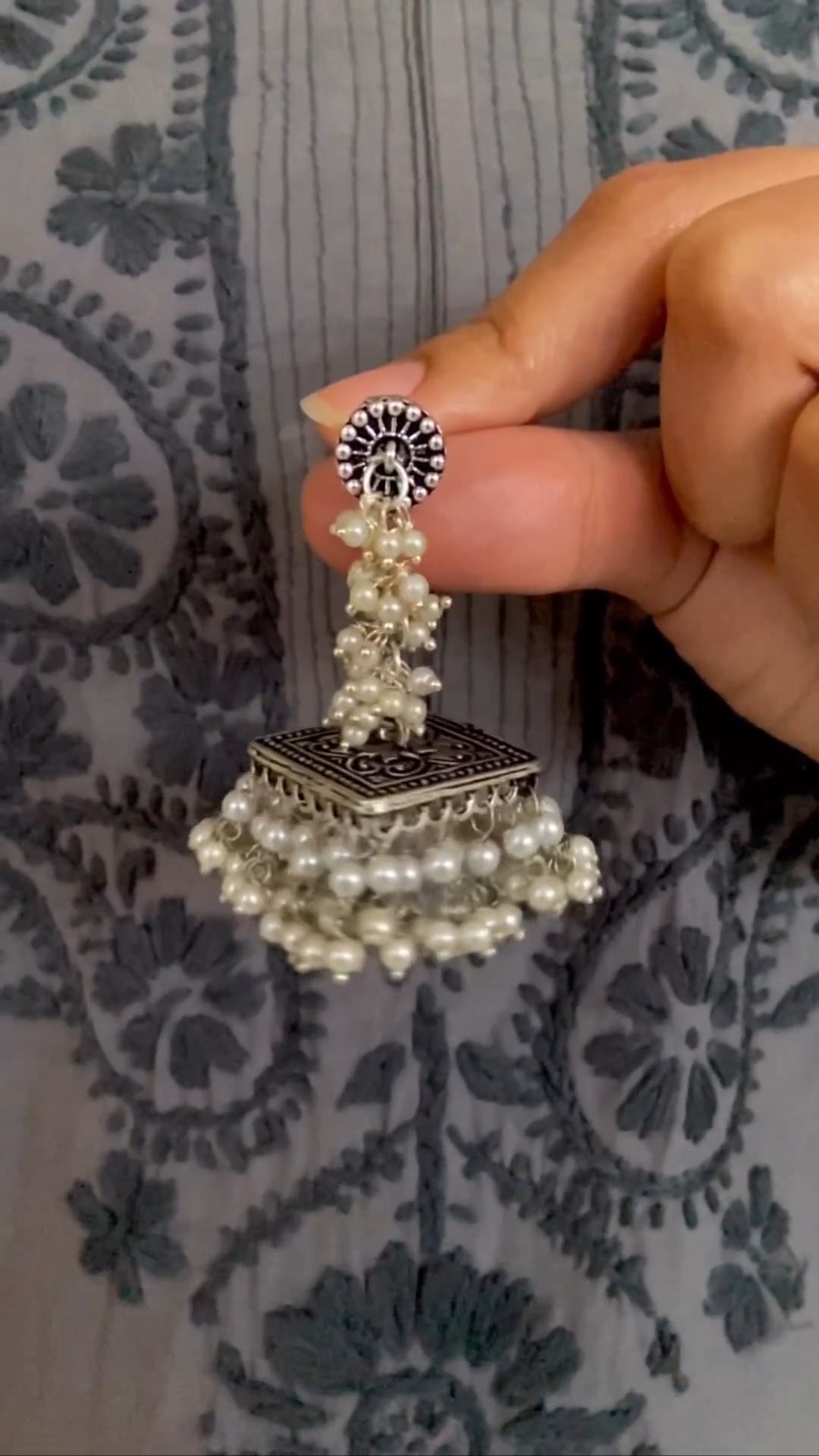 Silver Look-alike Pearl Square Jhumkas