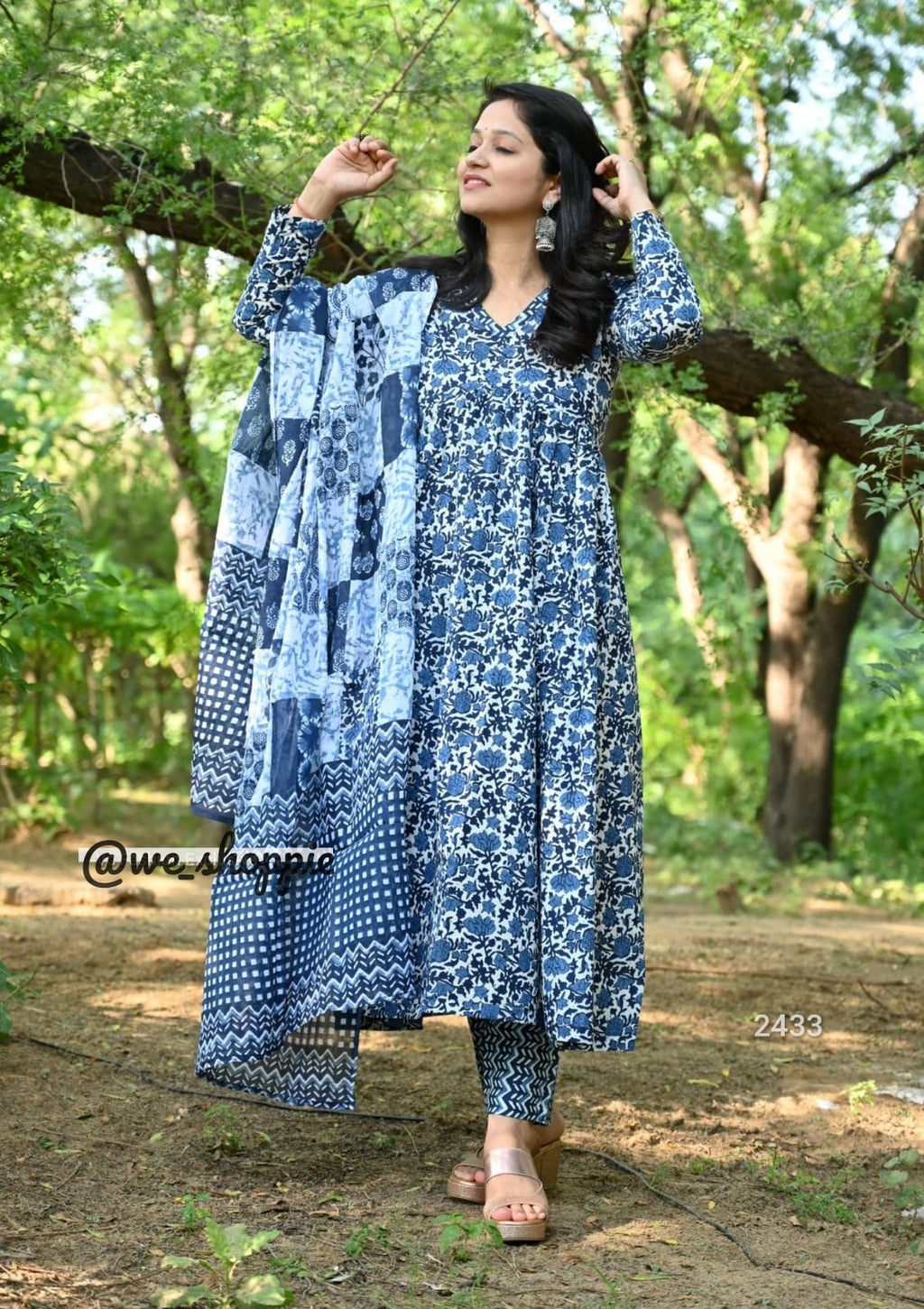 Block Printed Indigo Anarkali Set