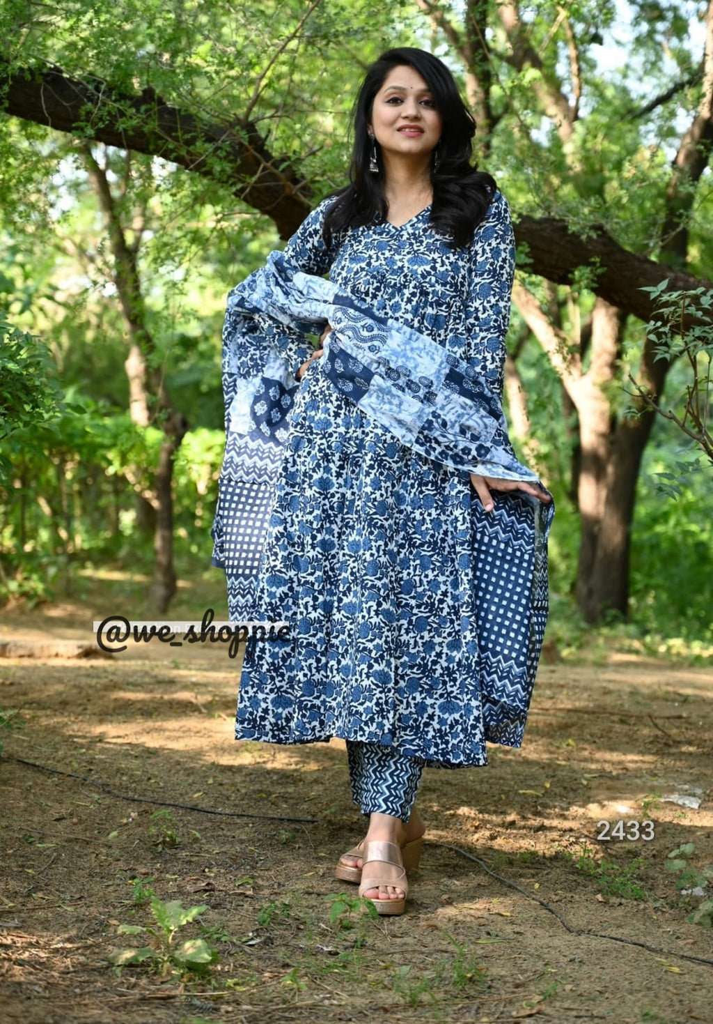 Block Printed Indigo Anarkali Set