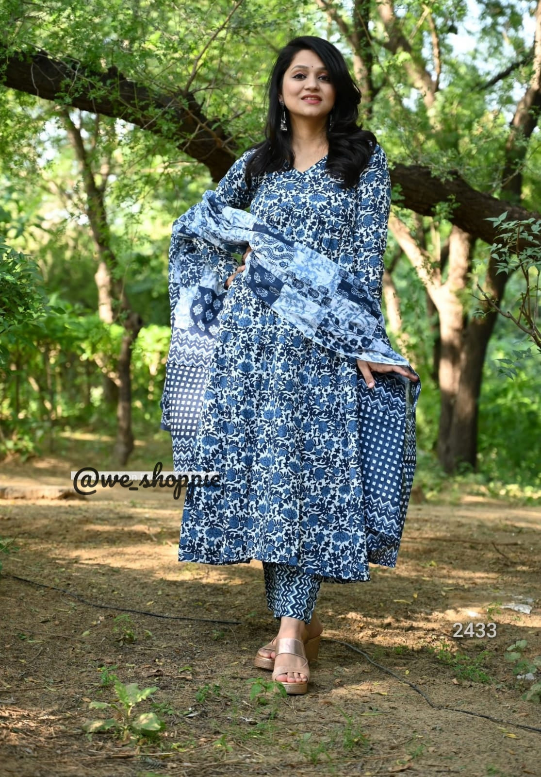 Block Printed Indigo Anarkali Set