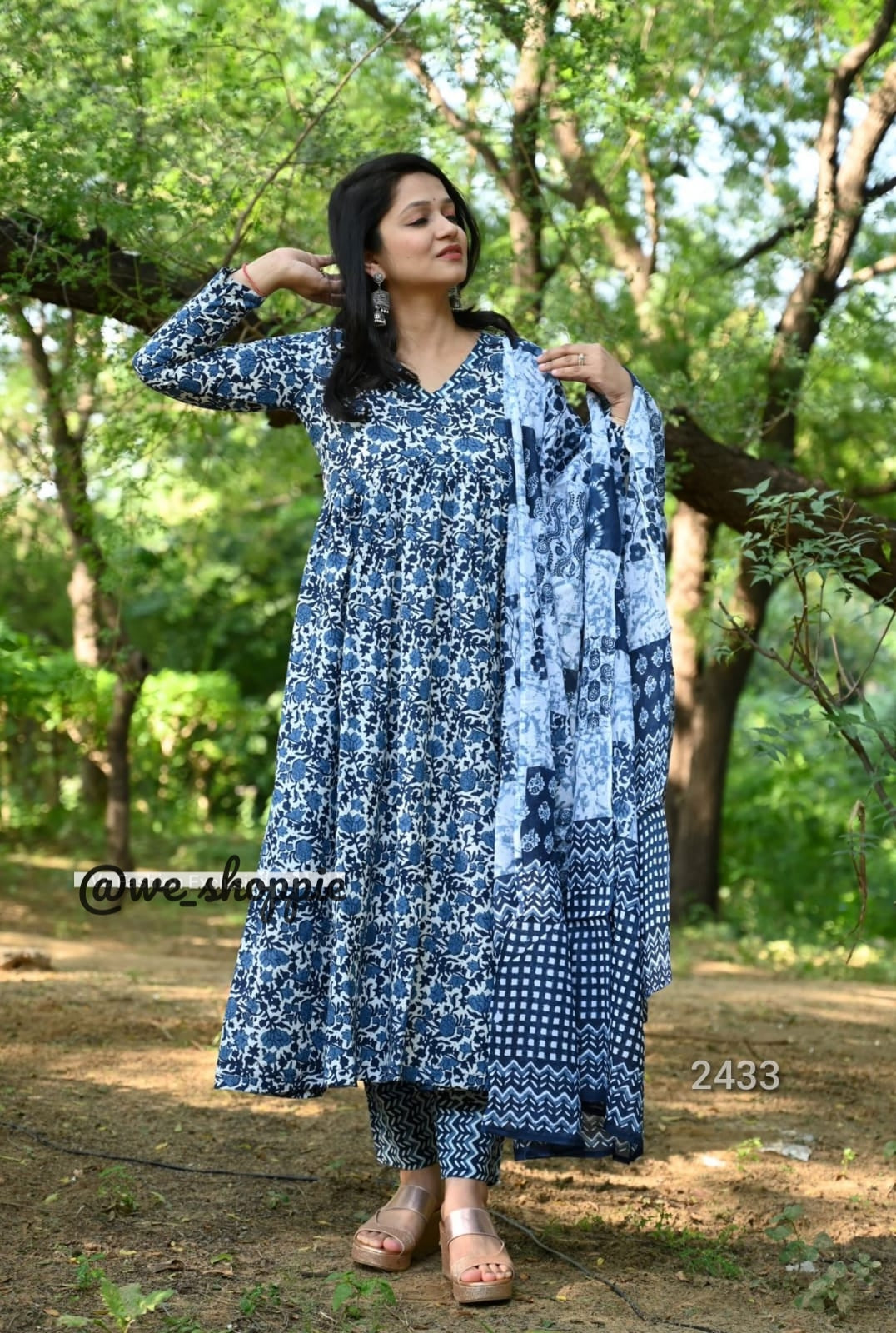 Block Printed Indigo Anarkali Set
