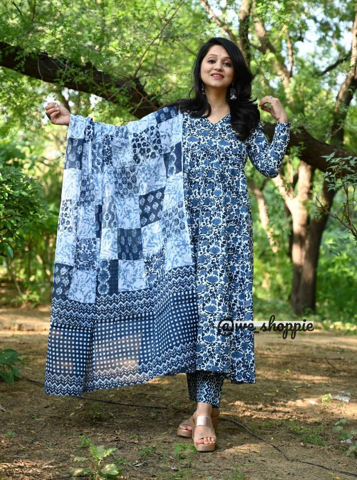 Block Printed Indigo Anarkali Set