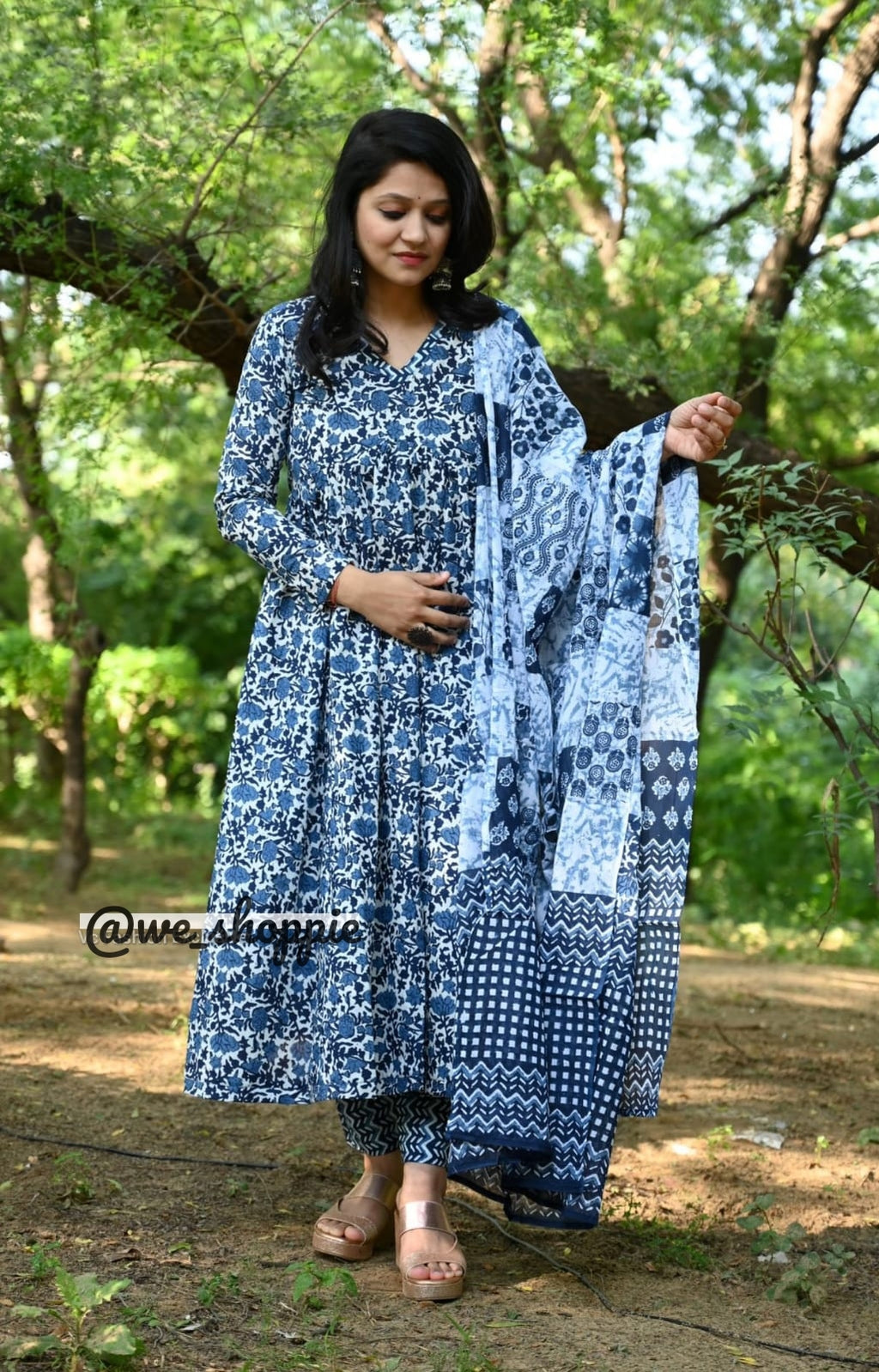 Block Printed Indigo Anarkali Set