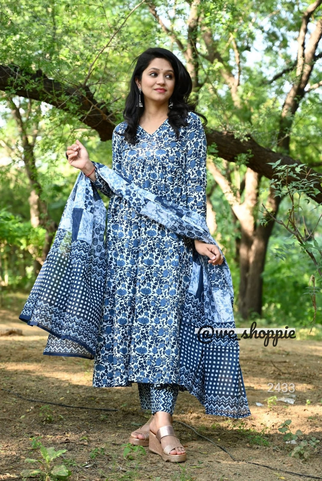 Block Printed Indigo Anarkali Set