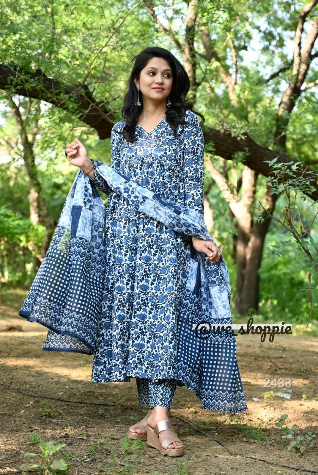 Block Printed Indigo Anarkali Set