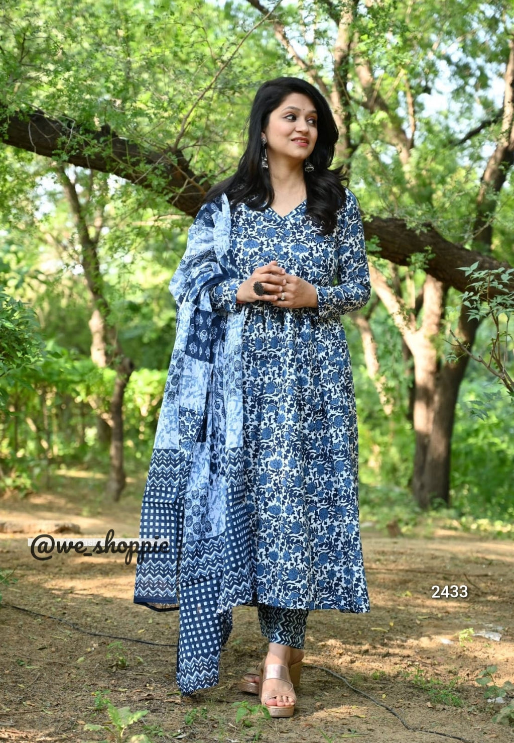 Block Printed Indigo Anarkali Set