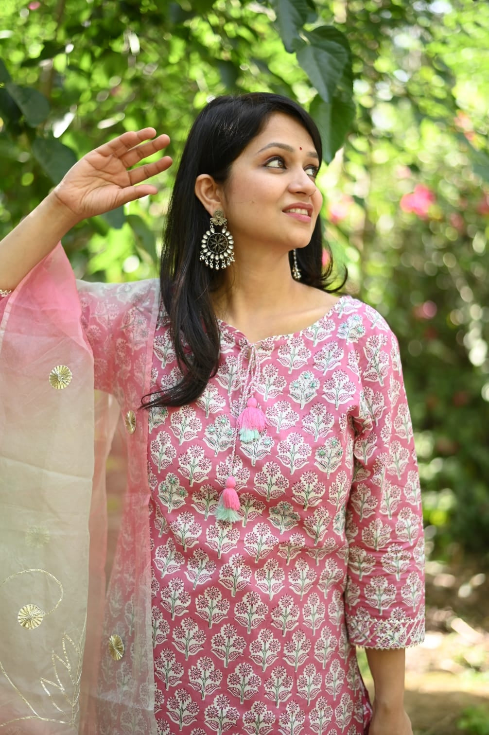 Cotton Hand Block Kurta Pants With Organza Dupatta
