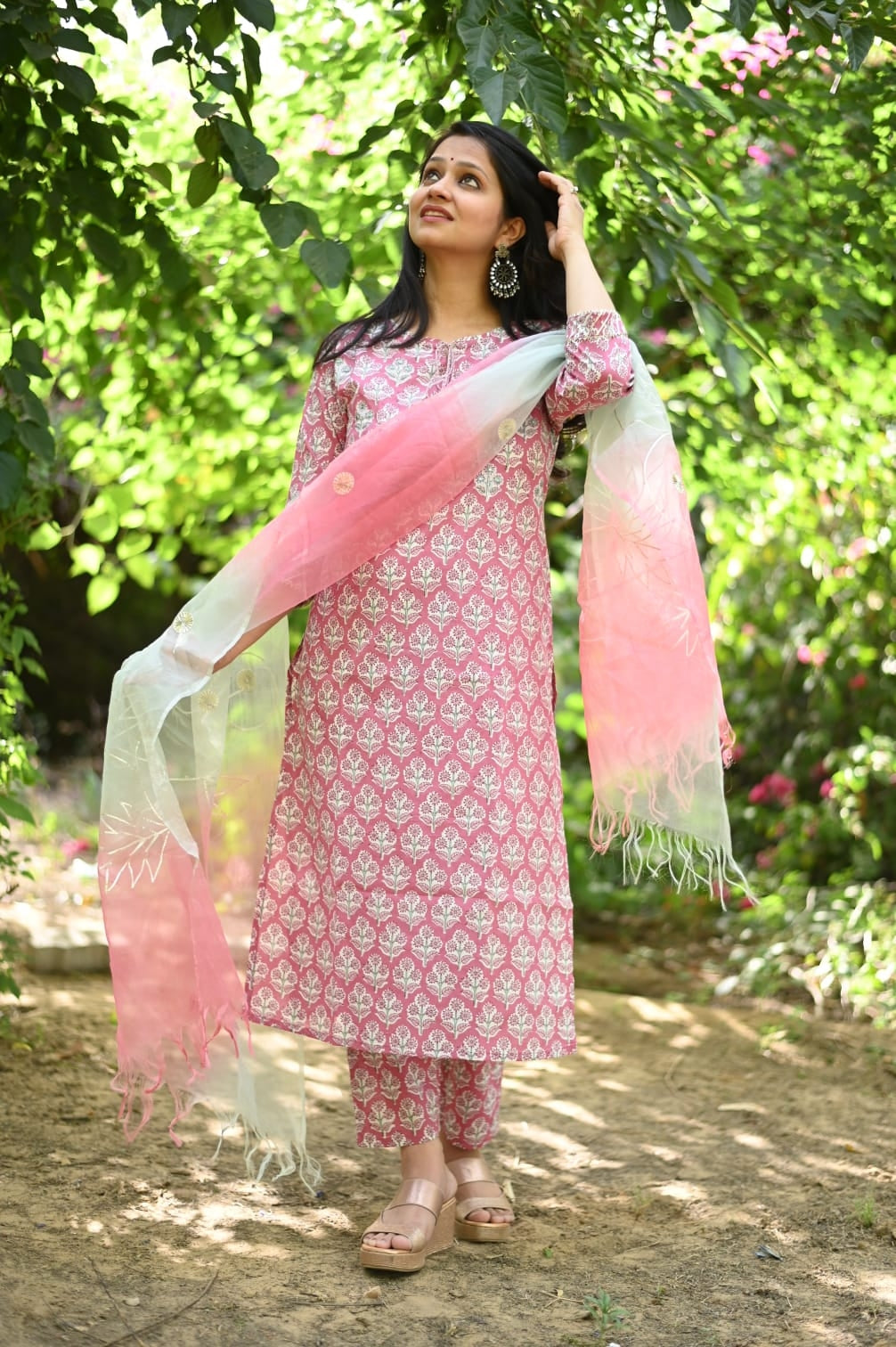 Cotton Hand Block Kurta Pants With Organza Dupatta