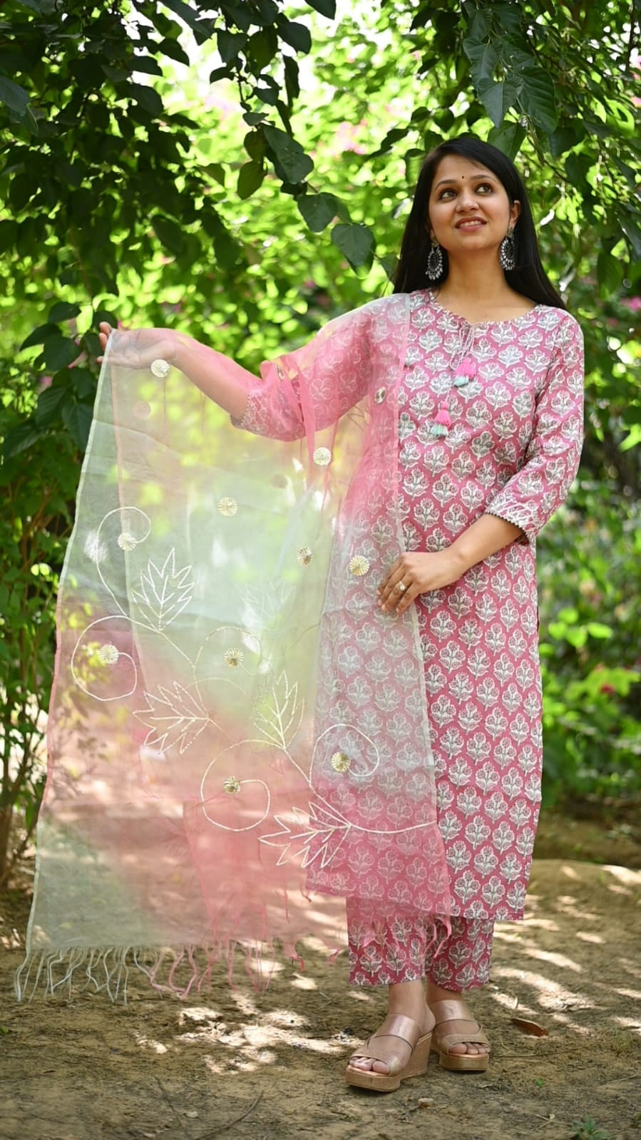 Cotton Hand Block Kurta Pants With Organza Dupatta
