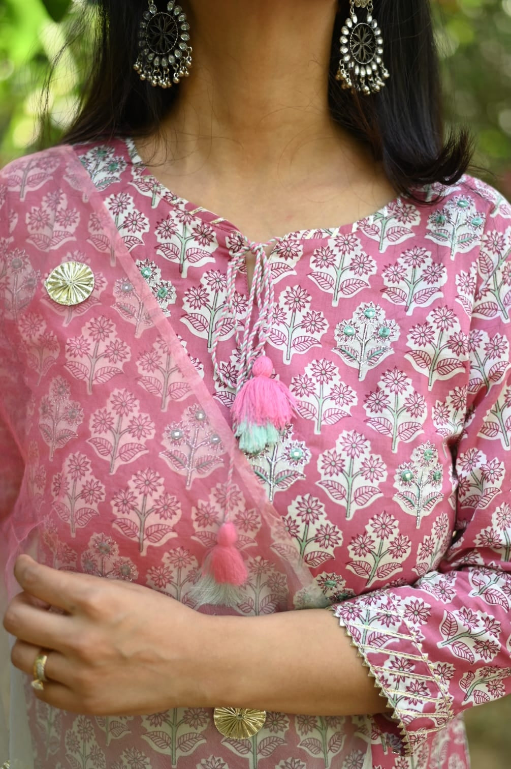 Cotton Hand Block Kurta Pants With Organza Dupatta