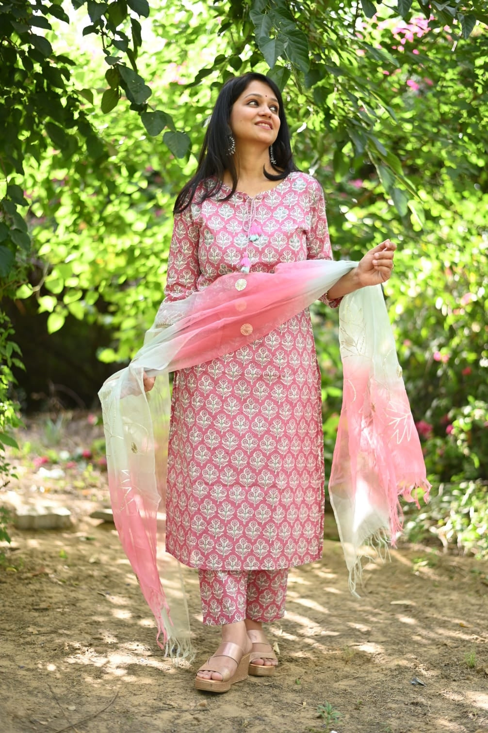 Cotton Hand Block Kurta Pants With Organza Dupatta