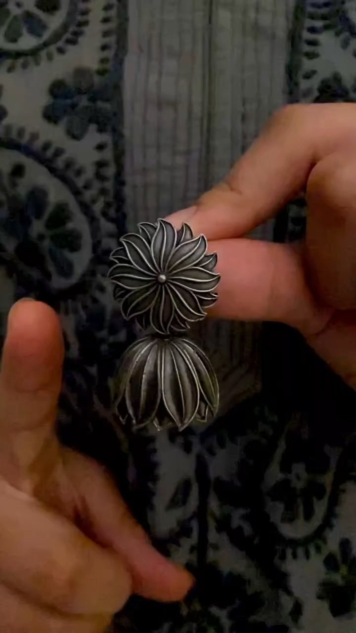 Silver Look-alike Flower Stud Jhumkas