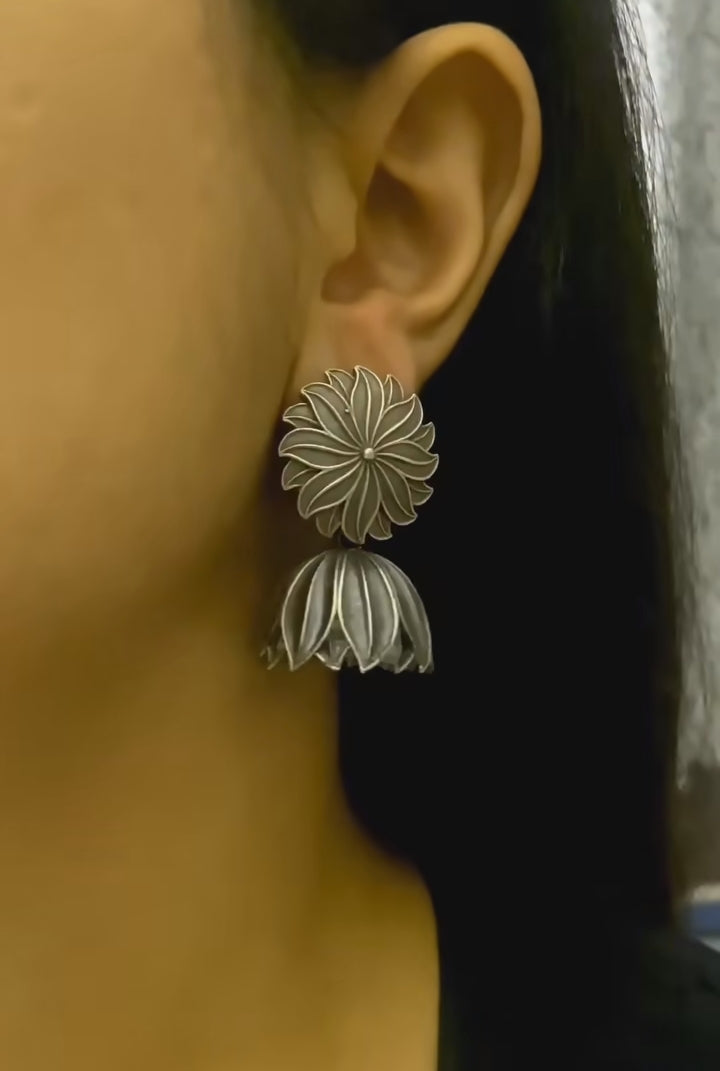 Silver Look-alike Flower Stud Jhumkas