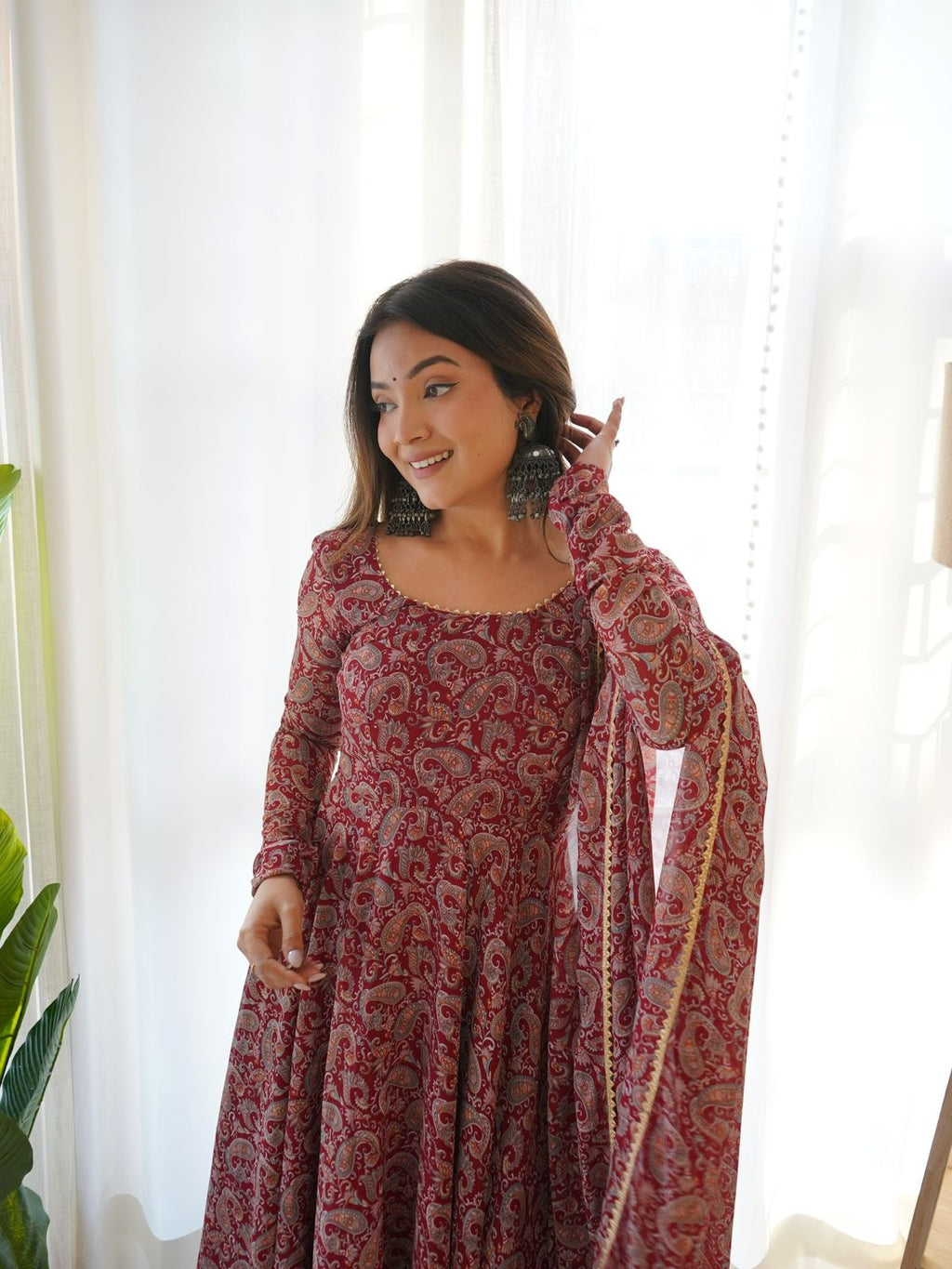 Maroon Floral Print Georgette Anarkali Pants Set