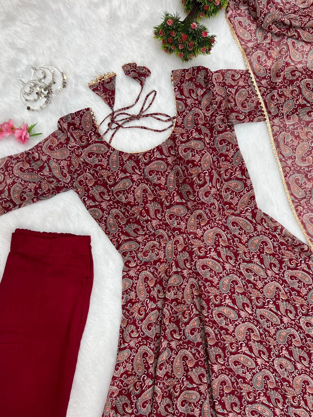 Maroon Floral Print Georgette Anarkali Pants Set