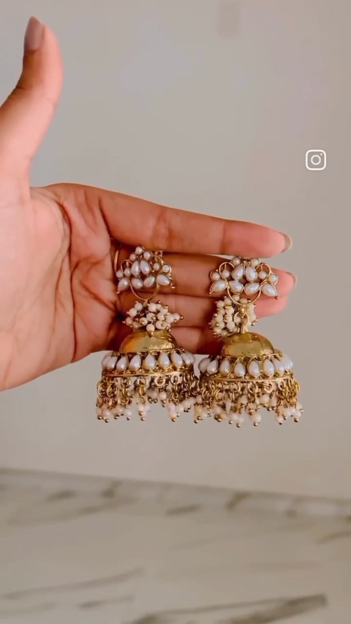 Pearl Cluster Golden Jhumkas