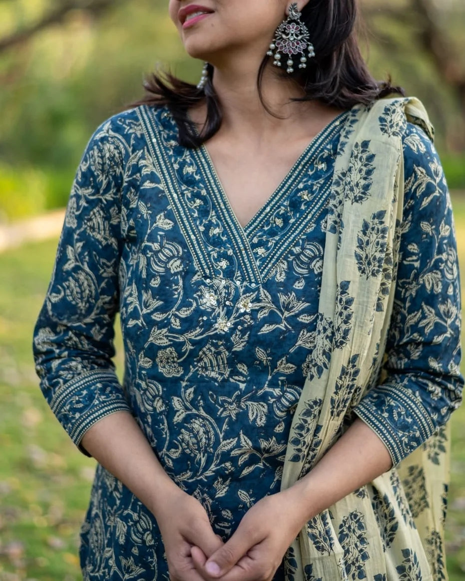 Blue Hand Block Cotton Suit Set