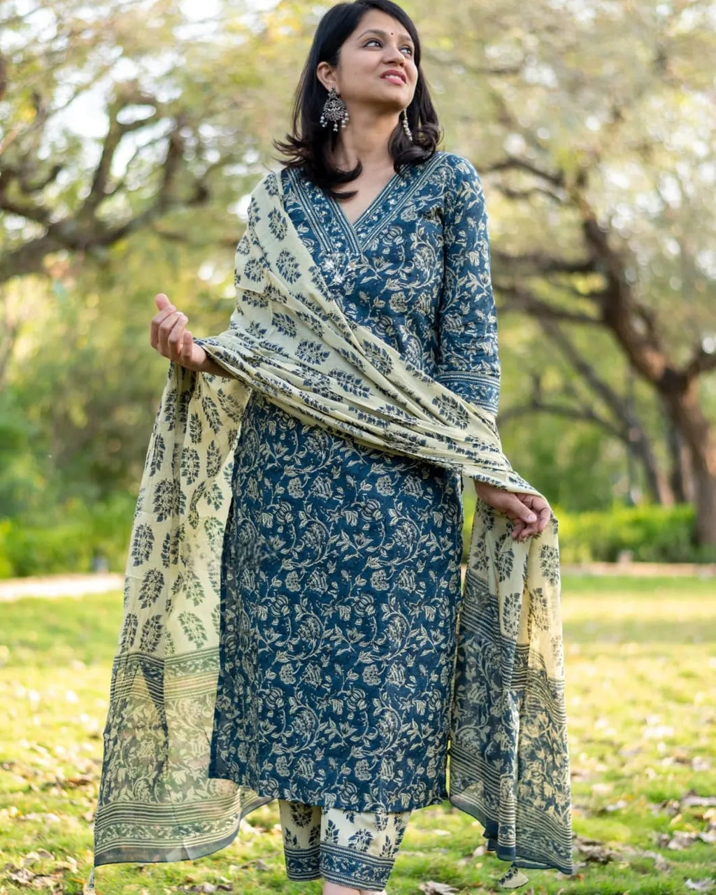 Blue Hand Block Cotton Suit Set