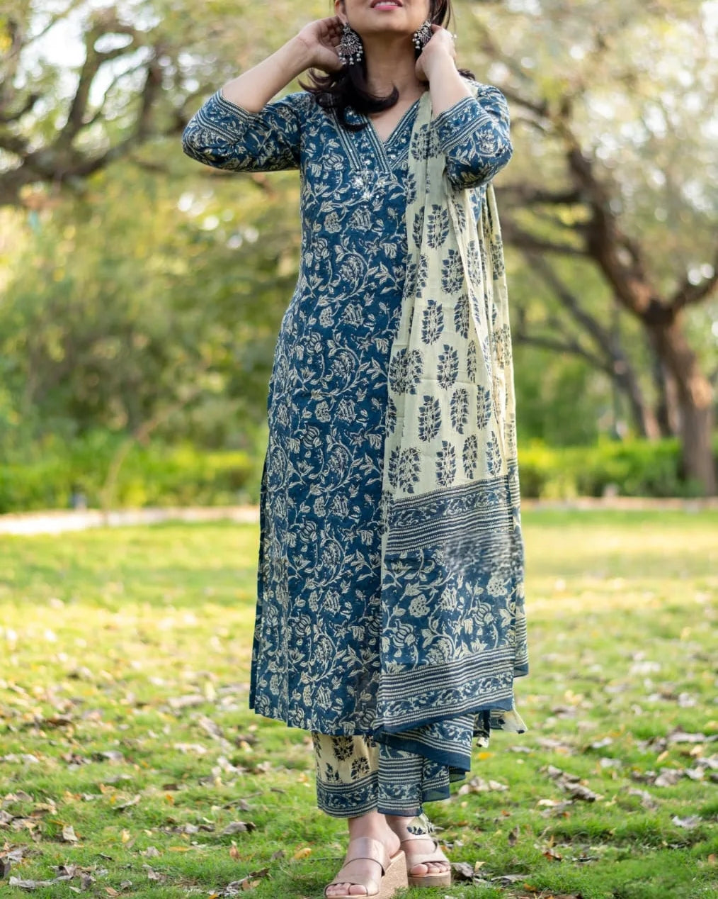 Blue Hand Block Cotton Suit Set