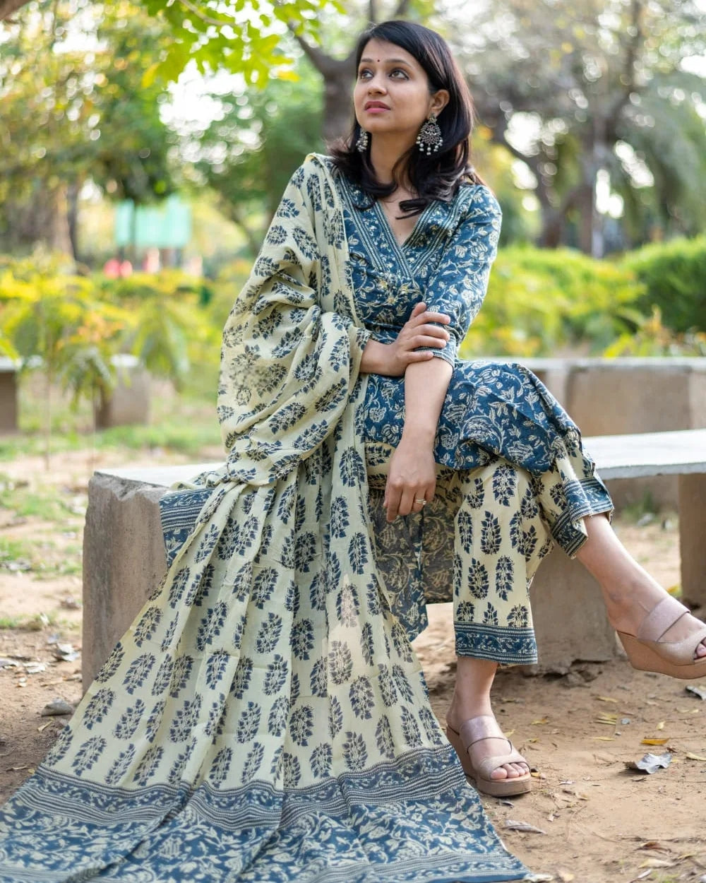 Blue Hand Block Cotton Suit Set