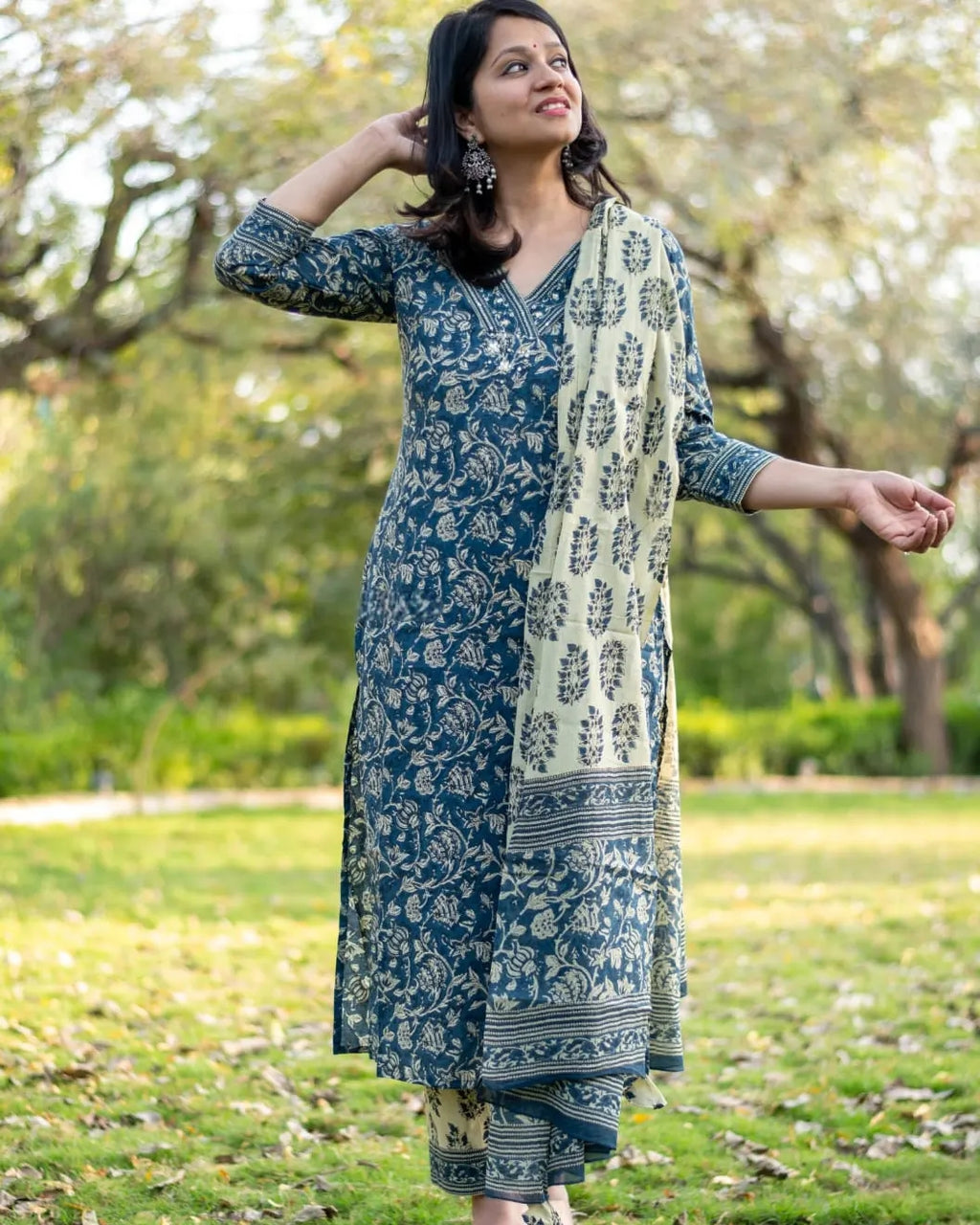 Blue Hand Block Cotton Suit Set