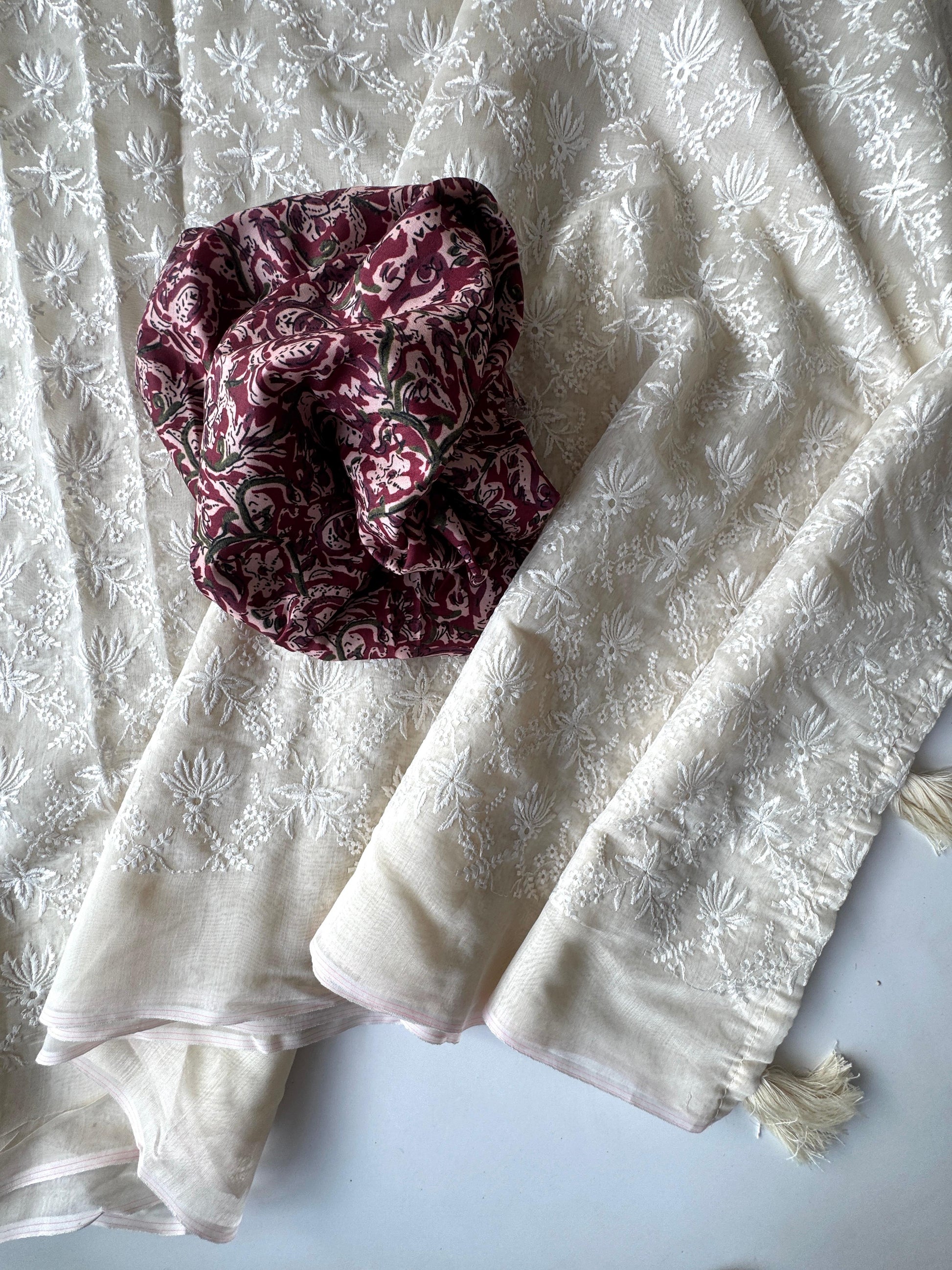 Chanderi Cotton Chikankari Thread Work Saree