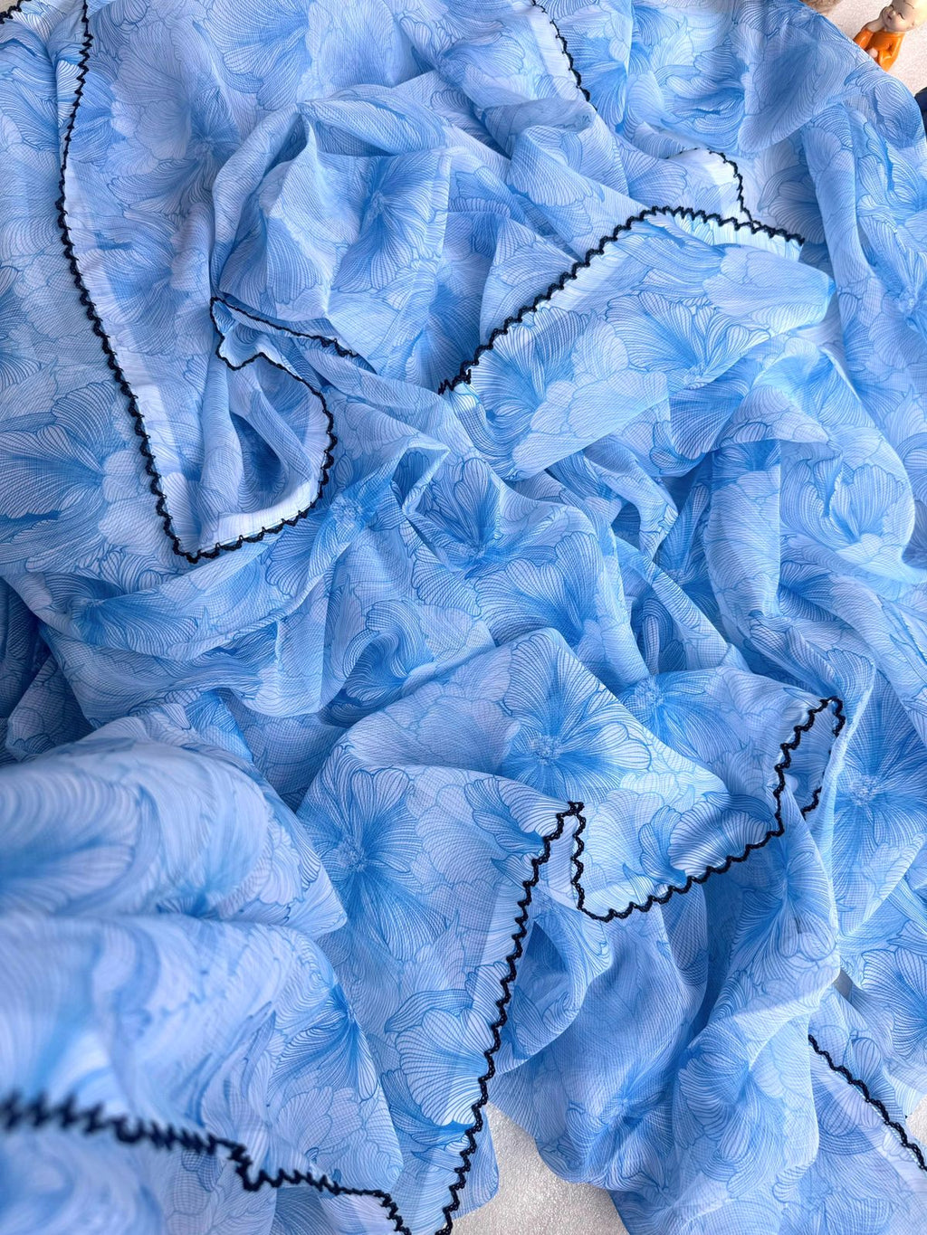 Floral Printed Chiffon Saree With Scalloped Border