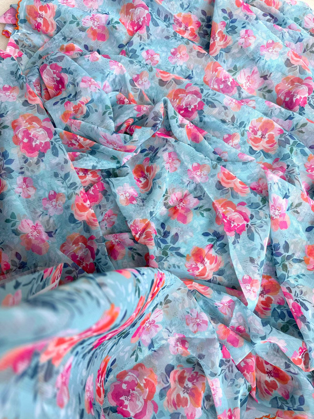 Floral Printed Chiffon Saree With Scalloped Border