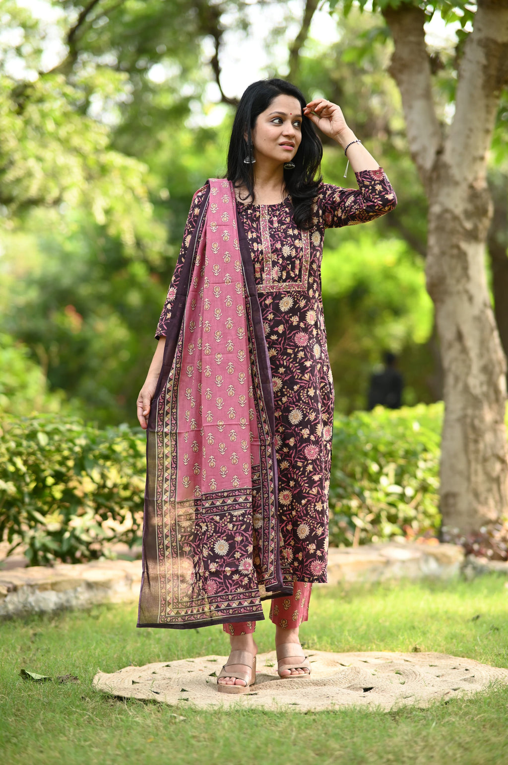 Floral Print Cotton Kurtaset With Dupatta
