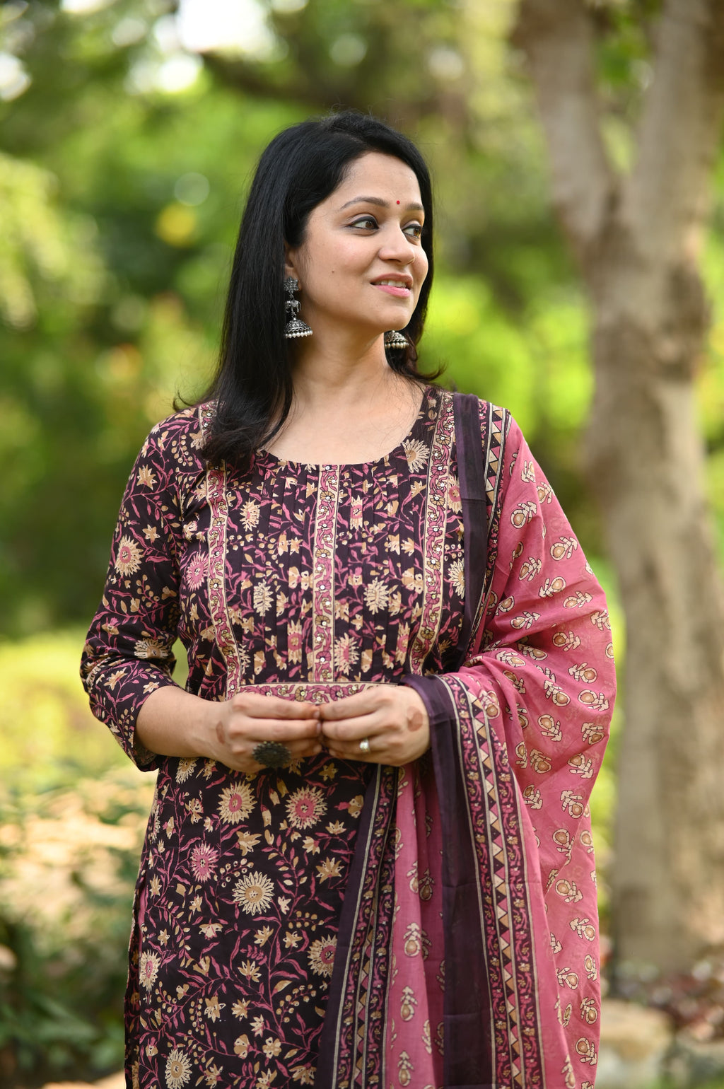 Floral Print Cotton Kurtaset With Dupatta