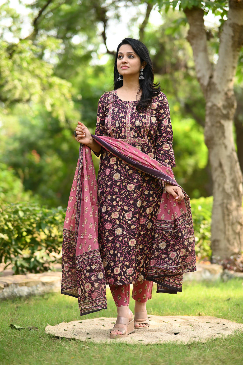 Floral Print Cotton Kurtaset With Dupatta
