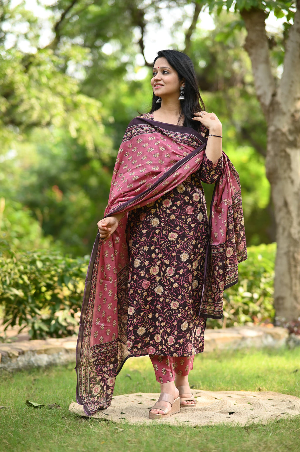 Floral Print Cotton Kurtaset With Dupatta