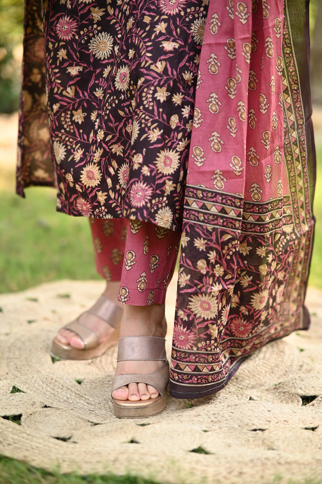 Floral Print Cotton Kurtaset With Dupatta