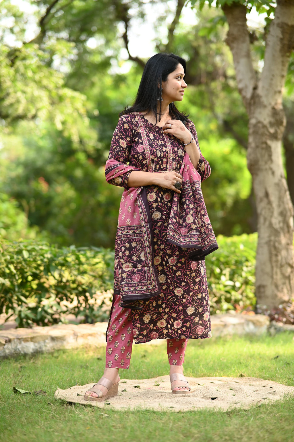 Floral Print Cotton Kurtaset With Dupatta