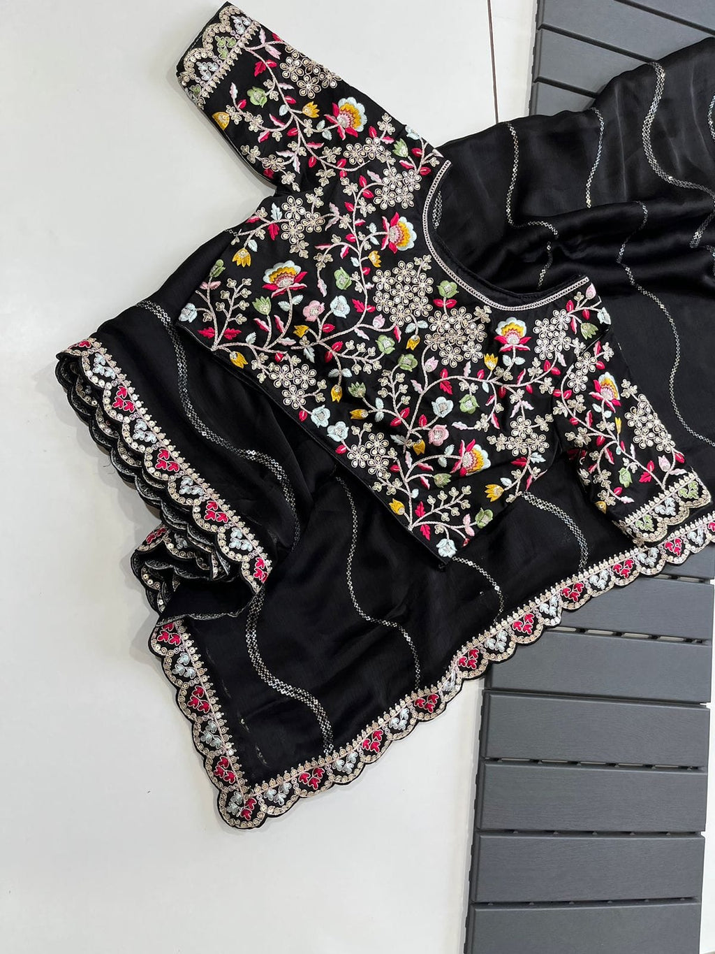 Blooming Black Georgette Crush Saree