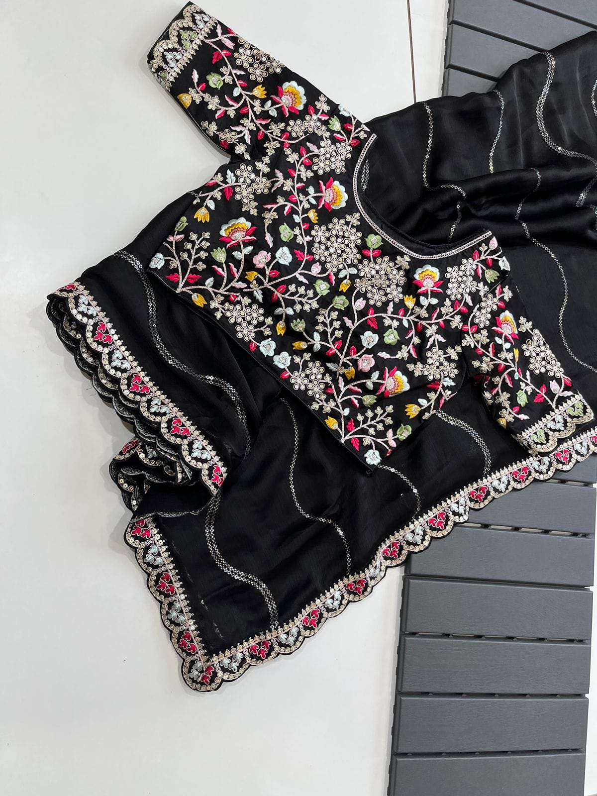 Blooming Black Georgette Crush Saree