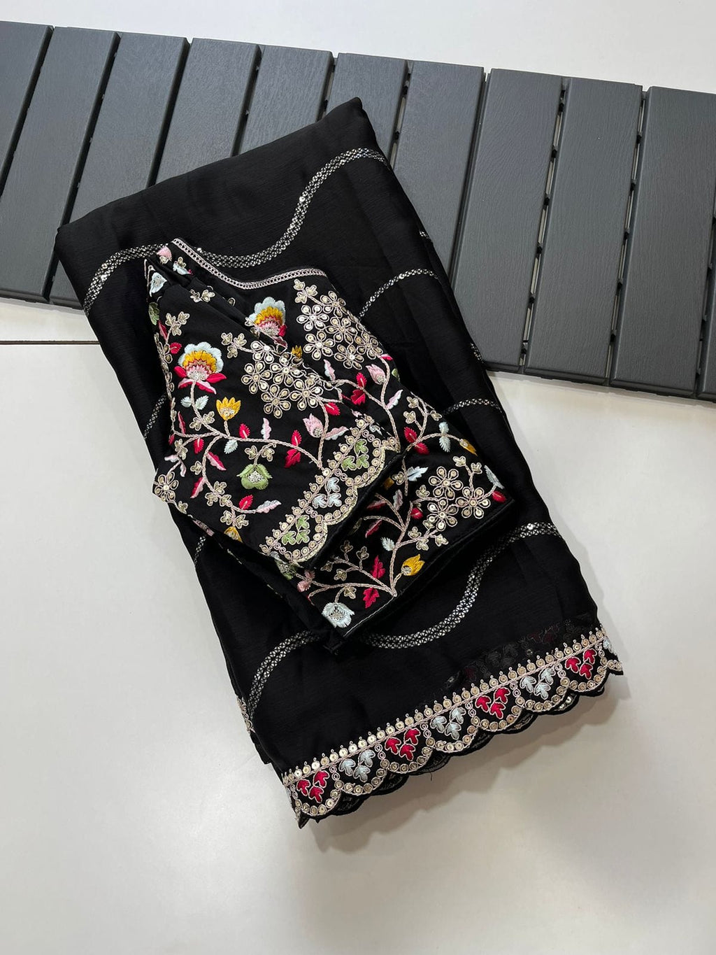 Blooming Black Georgette Crush Saree